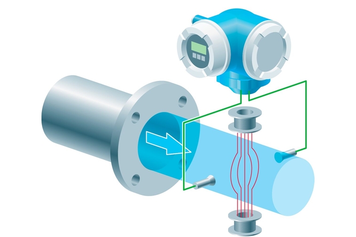 Schéma présentant le principe de mesure de débit électromagnétique