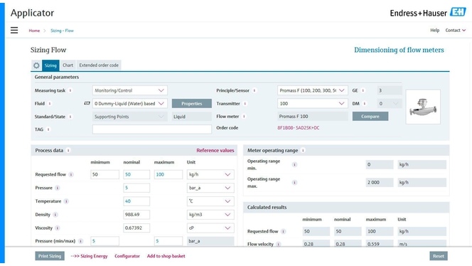 Capture d'écran de l'Applicator pour le dimensionnement des instruments.