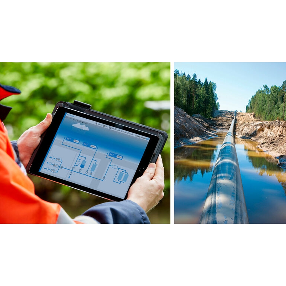 Illustration d'un tableau de bord Netilion Network Insights et d'une canalisation d'eau extérieure
